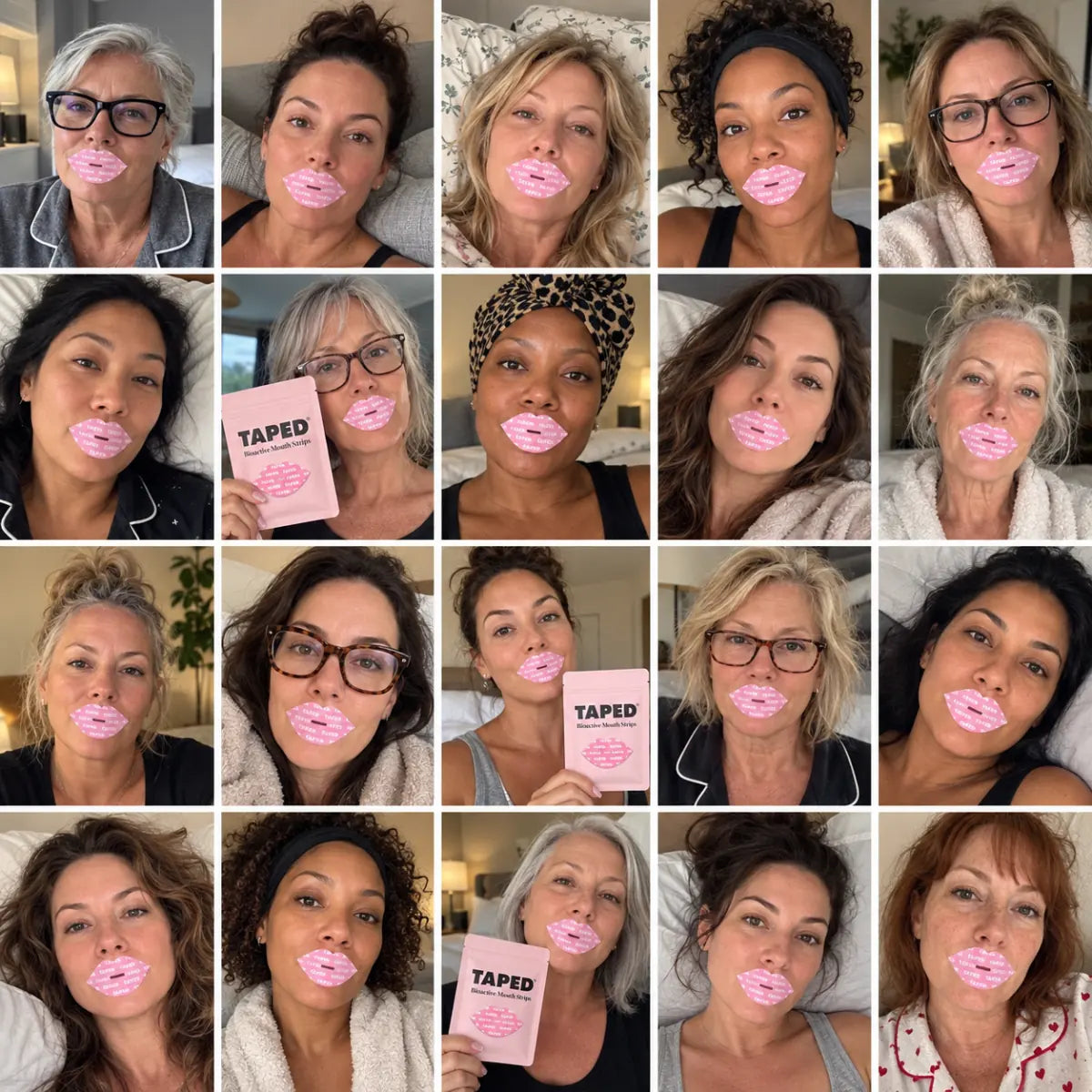Collage of women wearing pink TAPED strips