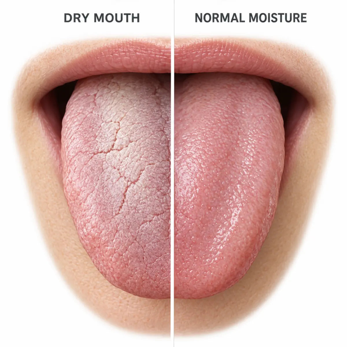 Educational illustration comparing a dry tongue with normal moisture