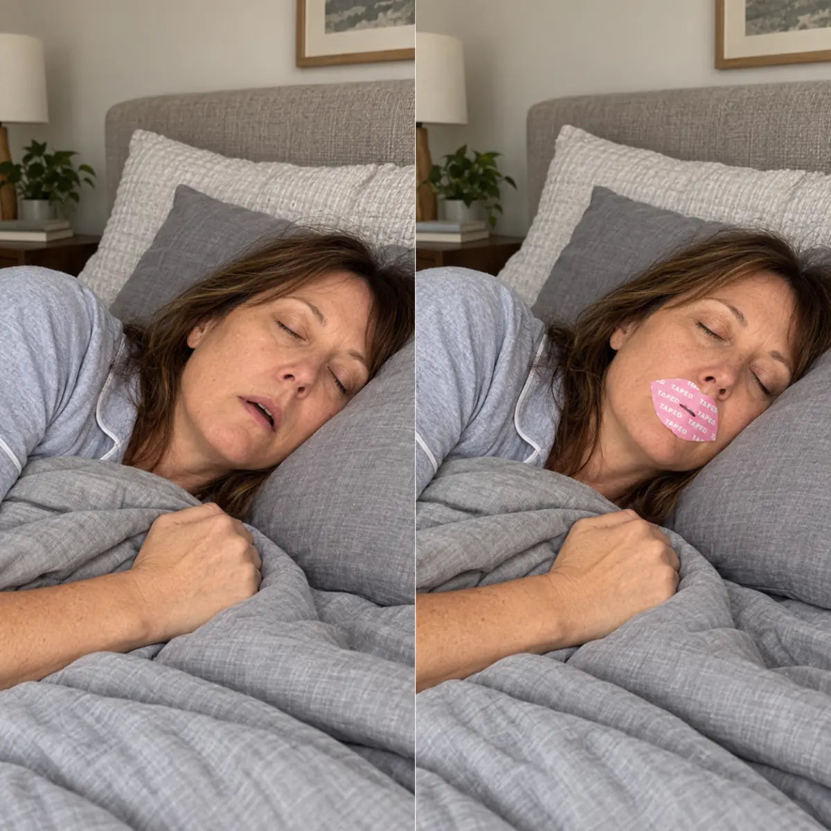 Two views of a woman resting, without and with a TAPED lip strip