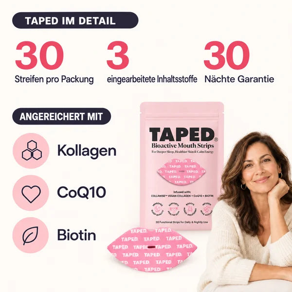 Die TAPED-Details: 30 Strips pro Packung, 3 eingearbeitete Inhaltsstoffe – Kollagen, CoQ10 und Biotin – und eine 30-Nächte-Garantie.
