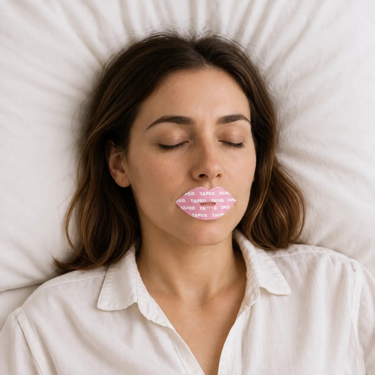 Woman resting on an ivory pillow with a pink lip-shaped TAPED strip