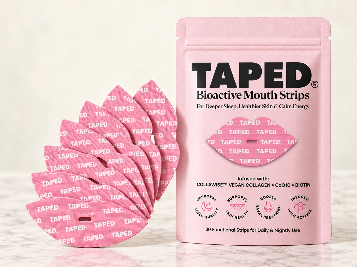 TAPED pouch with its pink lip-shaped strips